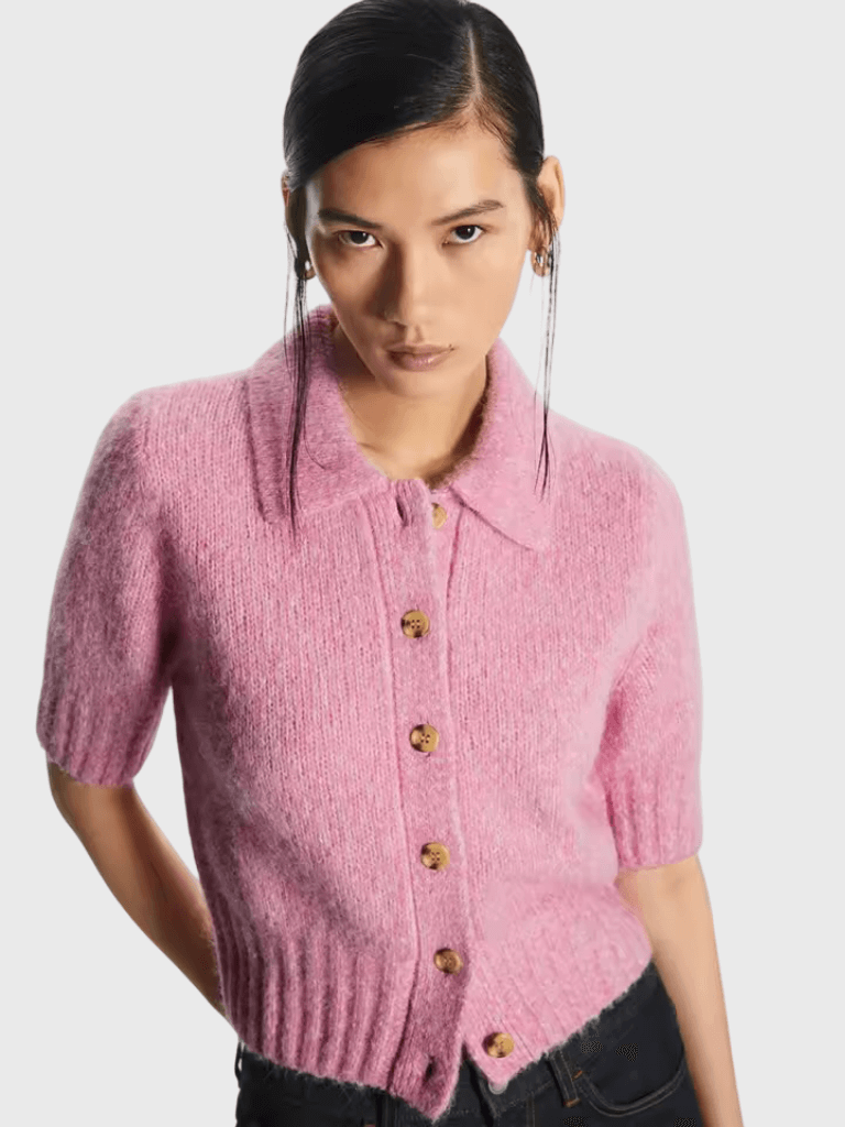 Women’s woman womens petite-, tall-, size winter style of Ladies' casual ribbed style turn-down collar button-up short-sleeves wool blend cropped rib hem cardigans in pink