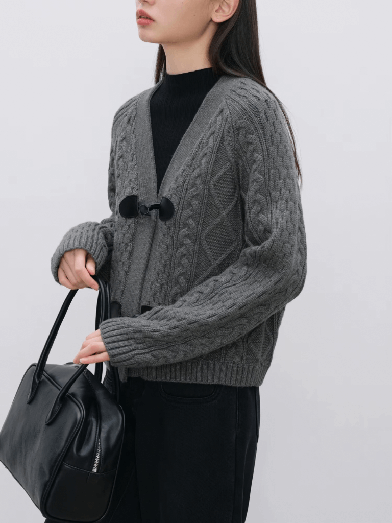 Women’s woman womens petite-, tall-, plus-, size Cable-knit woolen v-neck long sleeves ribbed cuffs and hem Cardigans with toggle cowl button close in Dark Gray grey
