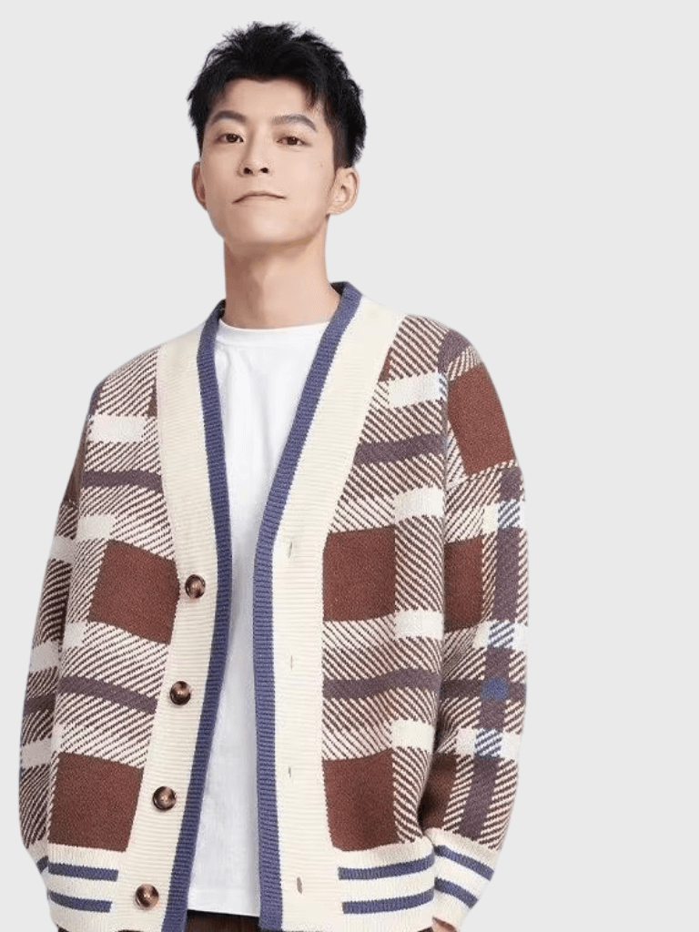 Men’s man mens petite-, tall-, plus-, size Classic Loose fit, thick cotton-blend knit long sleeves v-neck button-up Korean style plaid cardigans in brown With white
