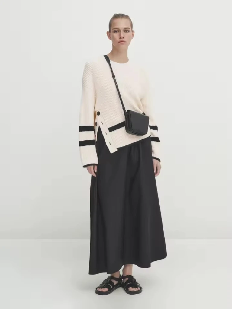 Women’s woman womens petite-, tall-, plus-, size Casual Irregular French look striped side button split knit long-sleeves with dropped shoulders  ribbed sweaters in white with black accent