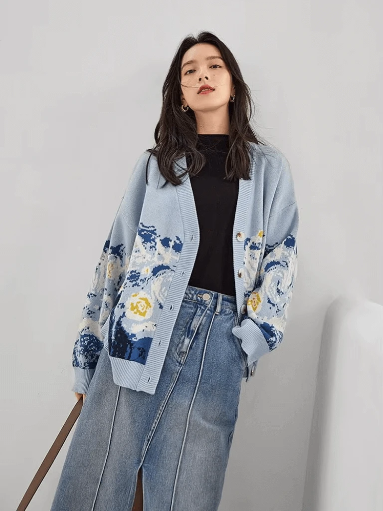 Women’s woman womens Classic French look Art Retro Lazy Style Van Gogh Knitted Sweater Autumn Fall Winter High-end Knitted long-sleeves button-up close v-neck ribbed graphic pattern Top V-Neck Chunky Cardigans in blue with multi