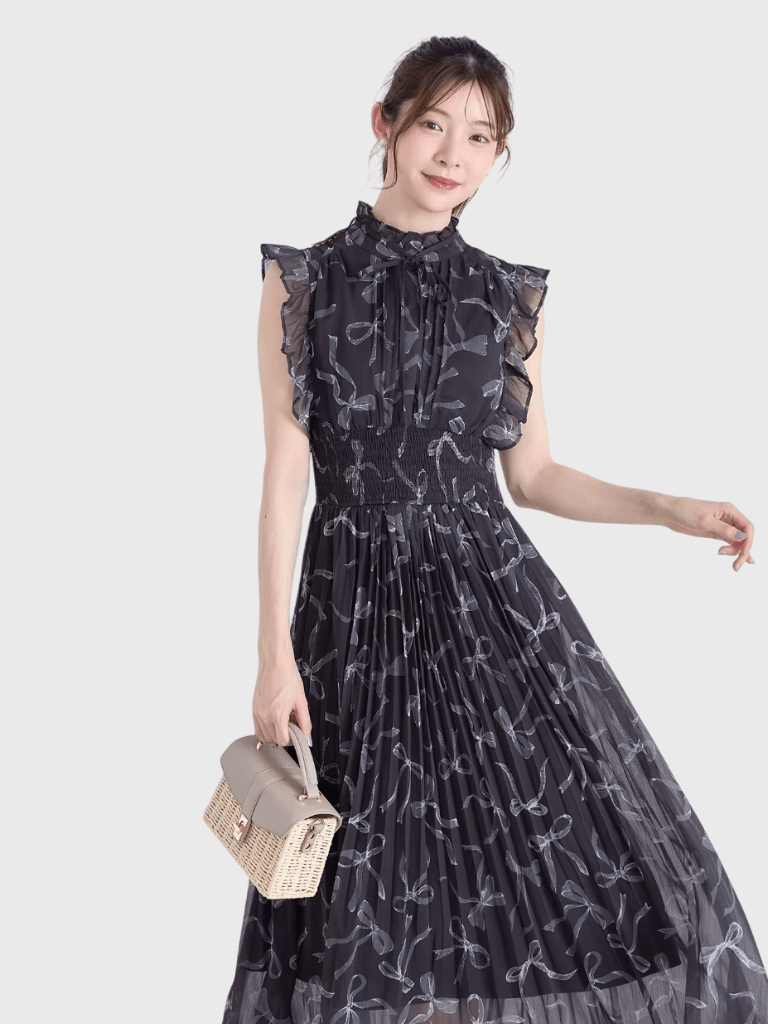Women’s woman womens Elegant Japanese Summer High rise Waist Pleated flowers print pattern Knot ruffles sleeveless ruffled Second Generation z floral pleats midi dresses in black with accent color
