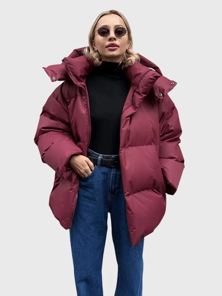 Women's woman womens Winter Cotton Loose Hooded Puffer Parka Retro Bakery Casual Women's Warm Cotton Down puffer Jackets outerwear Outwear in burgundy wine red