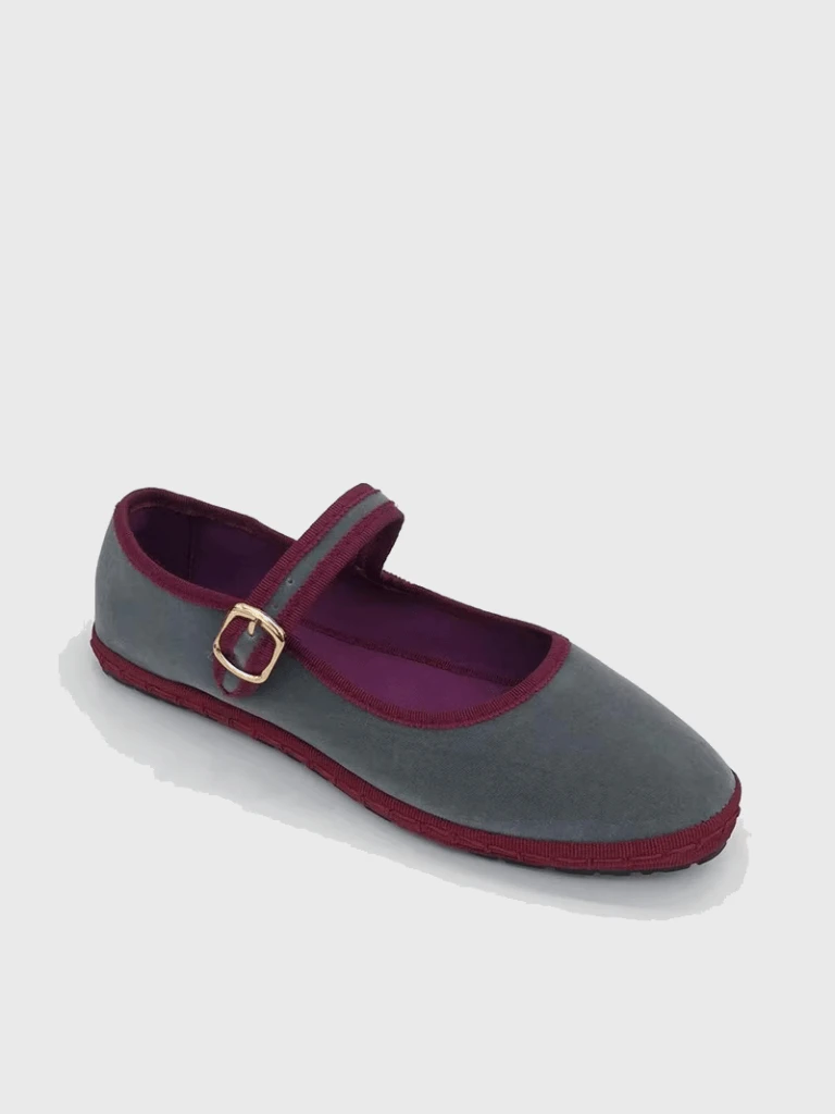 Women’s woman womens Mary Jane Flats Round Toe Hand Stitch Velvet Cloth Ladies Casual Soft Comfortable Ballet Shoes Loafers in Gray grey with burgundy trim