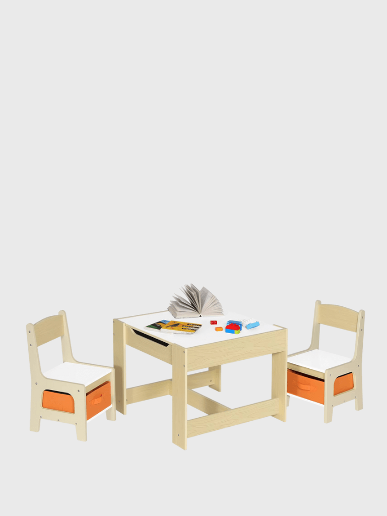 Kids Children's Wooden 1PC Activity Table with 2 Chairs Wooden Desk Stools Set for Preschoolers Boys Girls Activity Play Table Chairs in white with natural light wood