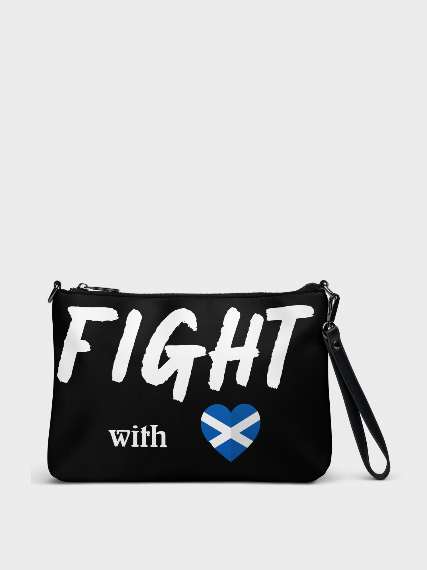 Unisex Men’s Women’s Classic Vintage PU faux vegan leather Belt miteigi Branded Fight with Scottish Heart Letter Scotland Country flag Print Chest Bags Hip Hop Streetwear for Man Woman in black, with white and blue accent colors, mens womens cause message handbags