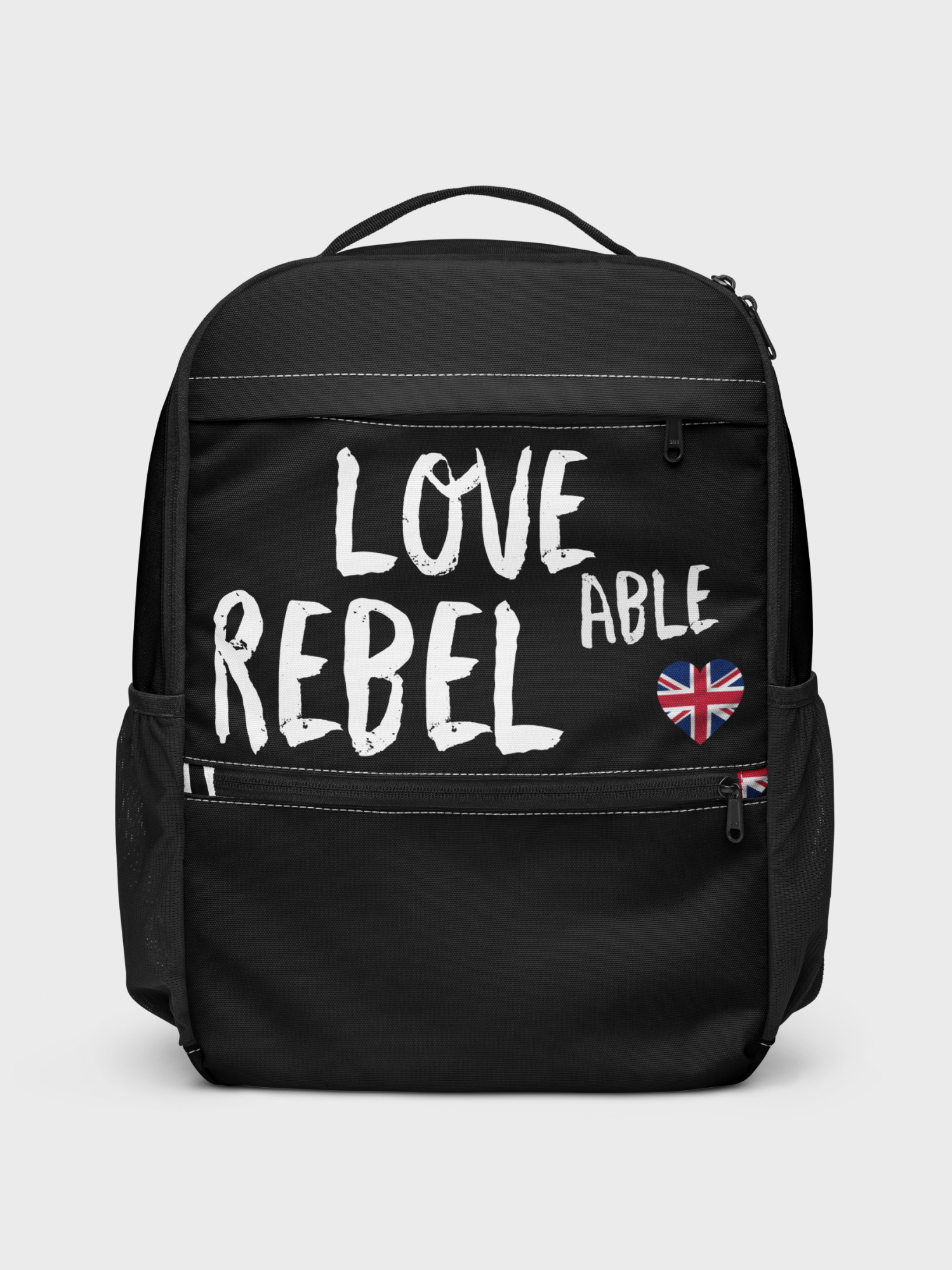 Men’s Women’s man woman genflex gender neutral genderfluid Unisex Loveable Love able Rebel Utility Backpack miteigi Japan Logo     miteigi Logo Japanese Branded product item travel luggage with British Union Jack country flag in British love Heart graphic shape design backpacks everyday bags in black with white red blue accent colors