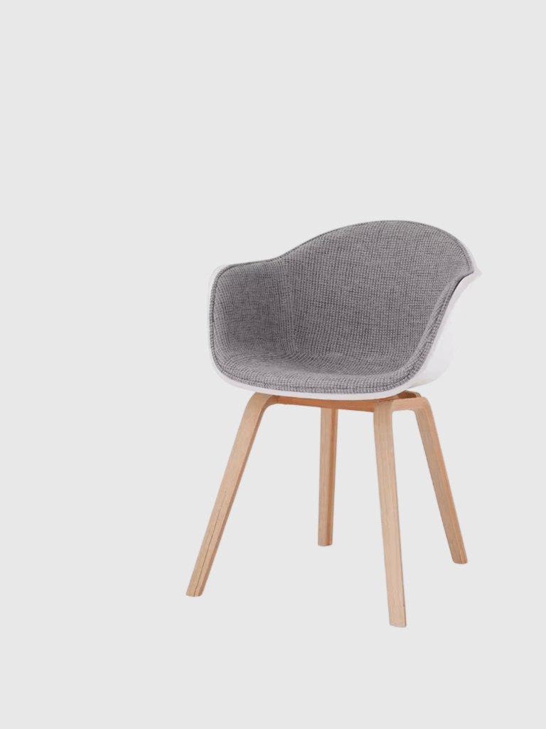 Nordic Armrest Leisure Dining Chair with Beech Wood Customizable Fabric Seat Cushion Chair for Café and Reception Chairs in Gray grey with white and natural light wooden legs