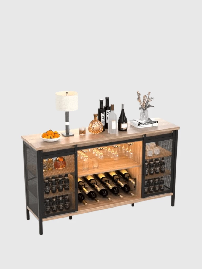 Industrial European Modern Style Living Room Wall Mounted Supermarket Bar Custom Storage Wine Cabinet Display Rack in brown