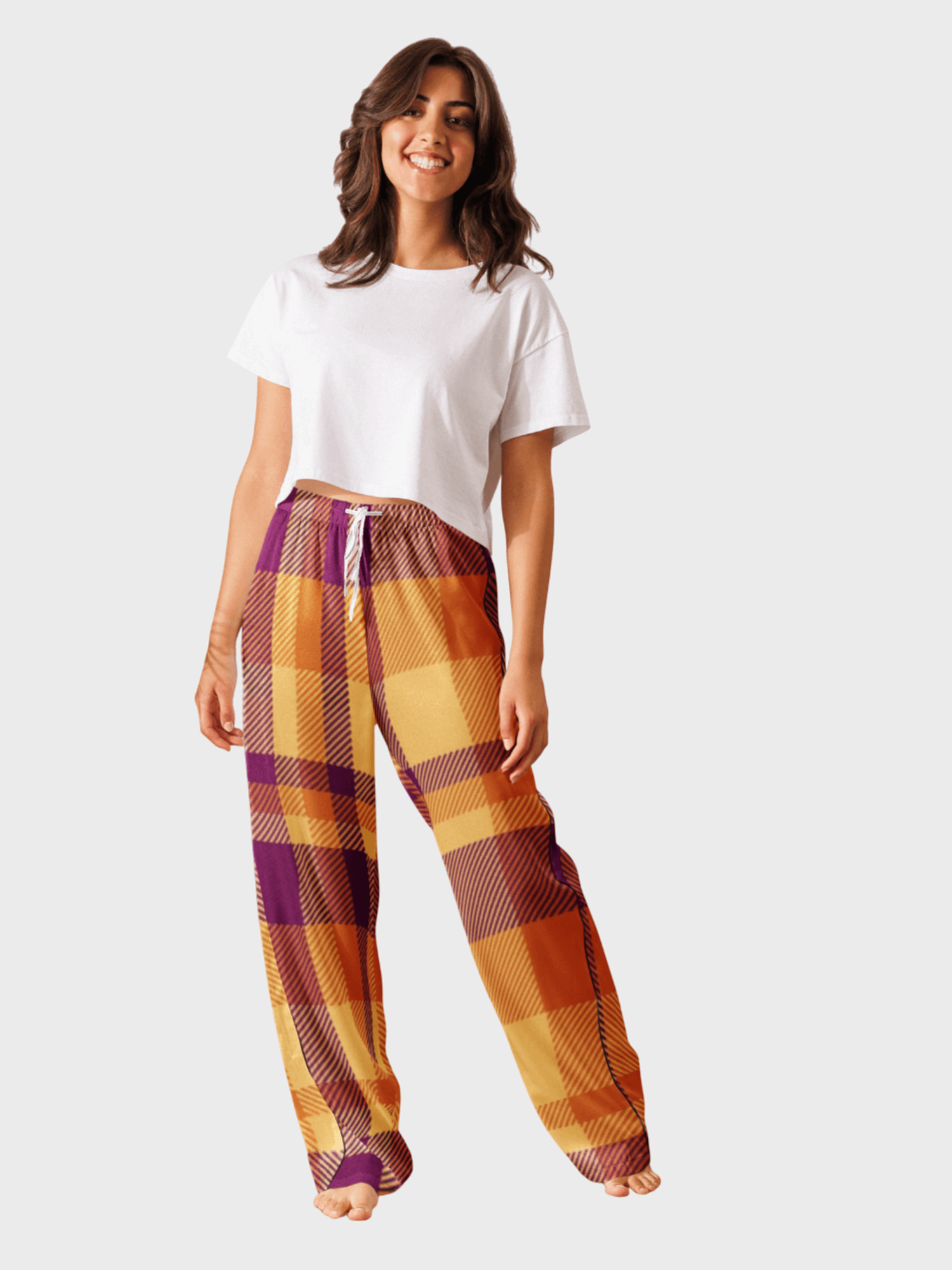 Women’s woman womens petite-, tall-, plus-, size  Christmas holiday season Checkered plaid tartan PJ full length mid rise elastic waist with drawcord drawstring tie-up straight fit pajamas sweatpants loungewear trousers sleepwear loungewear PJ’s pants bottoms in orange with multi color