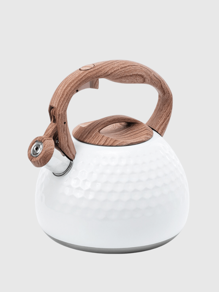 2.8L Whistling Tea Kettle With Wood Handle Stainless Steel Enamel Food Grade Tea Pot With Heat-Proof Handle For Gas Induction Stovetops Cookers 2.8L in white