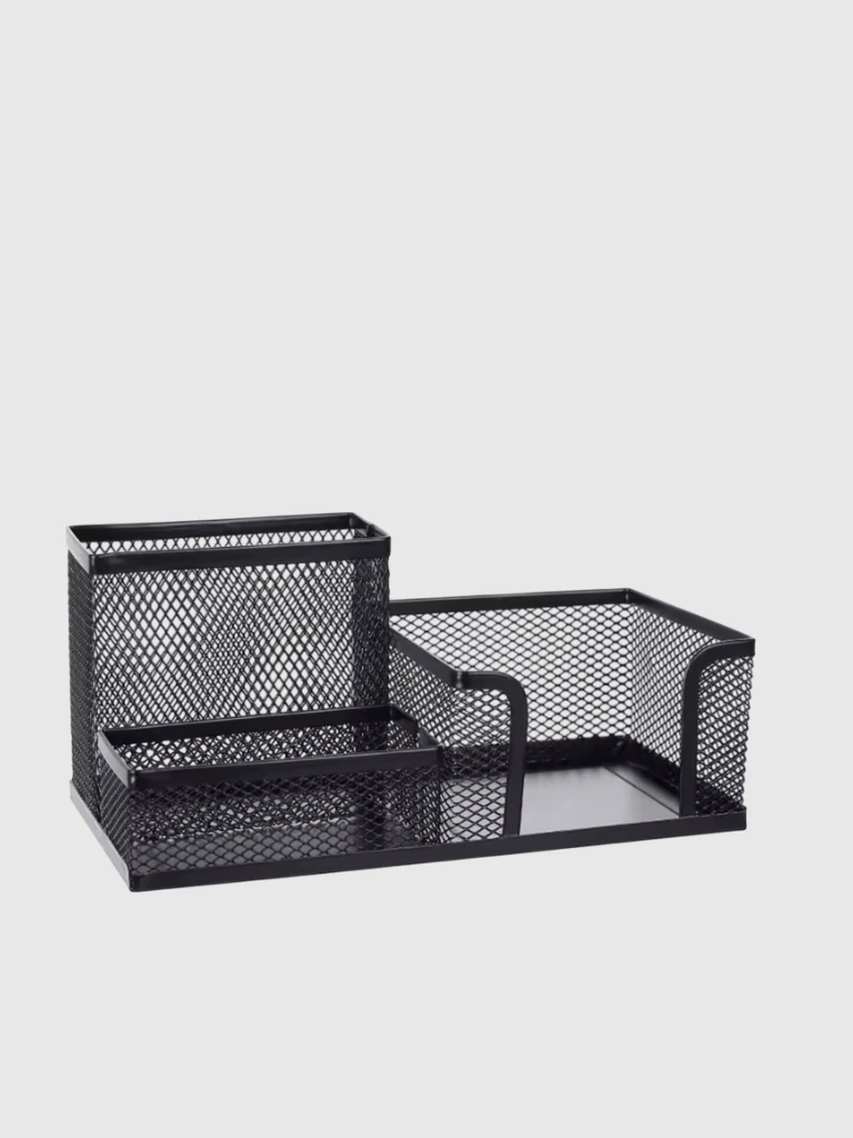 Deli Metal Mesh Square Pen Holder Multi-functional Three Grid Desktop Desk Storage Box Simple Office Supplies for Business home study room organizers boxes in black