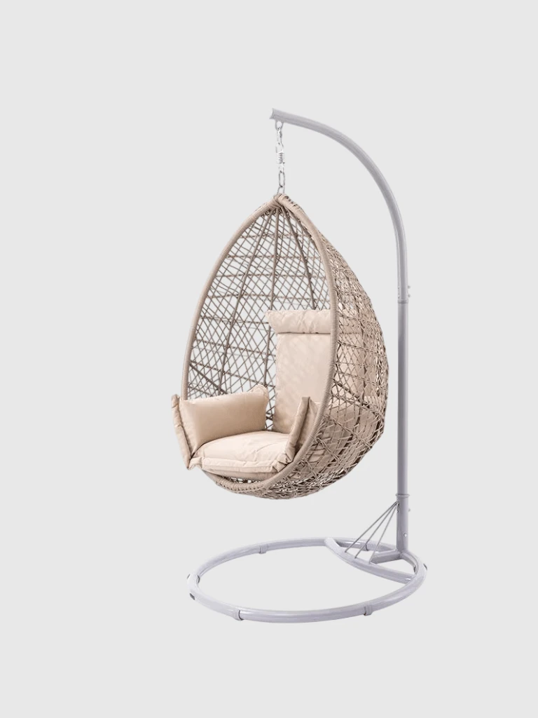 Popular Outdoor Garden Hanging Swing Egg Chairs in beige with Gray grey stand