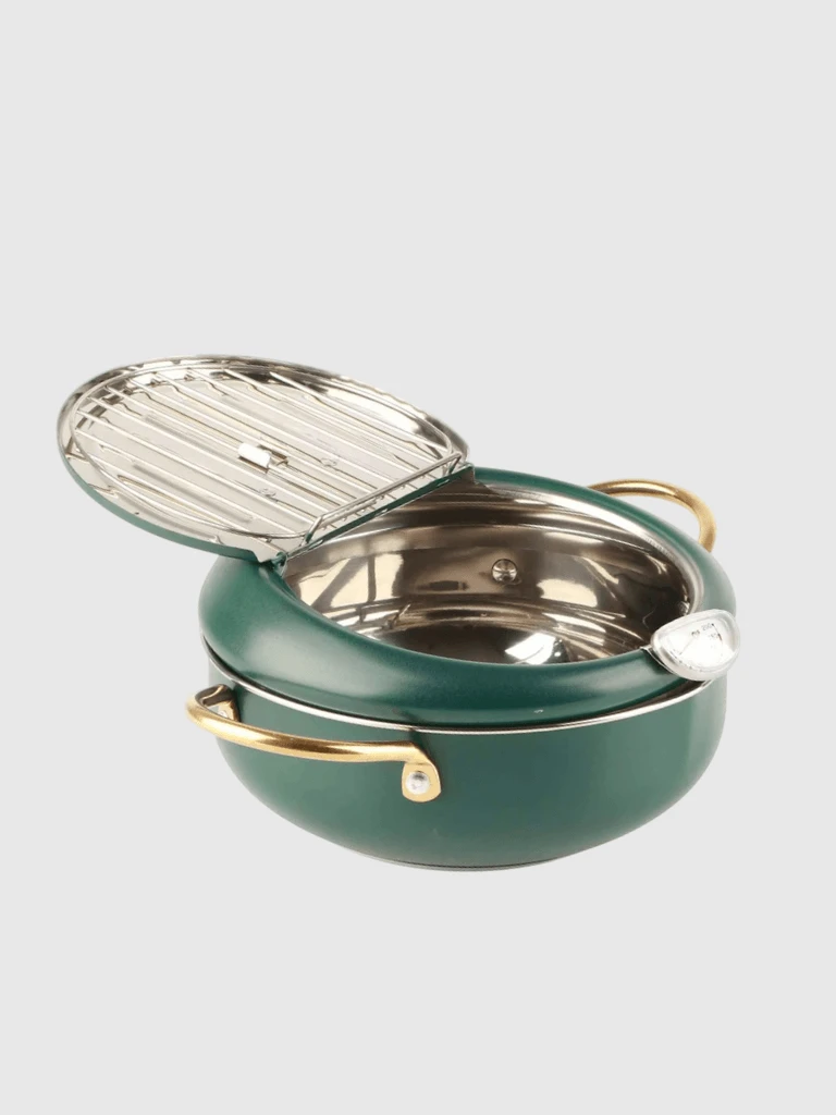 Japanese Stainless Steel Yakatori Fryer Pan Pot Frying Pots with Thermometer for Induction Cooker Home Kitchen cookware Utensils in dark green with golden handles