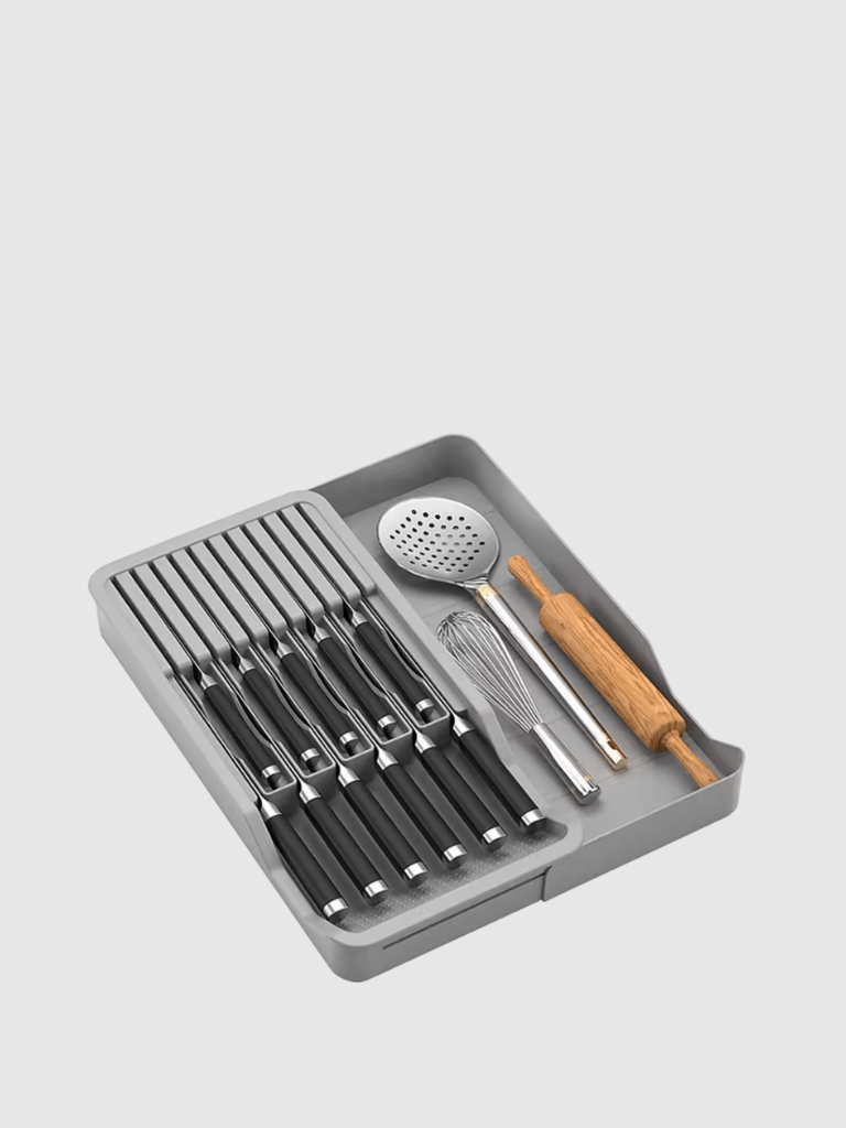 Knife Block Holder with Expandable Organizer Storage Tray for Kitchen Countertop Retractable Knives Organizers Drawer Insert in Gray grey