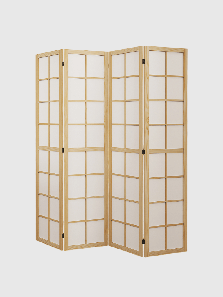 Japanese Indoor Room Partition, 4 Panel Folding Screens & Rooms Dividers in light natural wooden color, 160 x 170cm