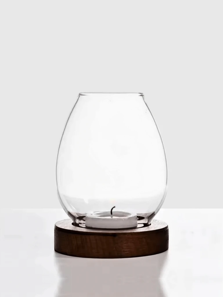 Transparent Glass Candlestick with Cup Cover & Round wooden Candle Holder Retro European Style Table Decoration Ornaments Outdoor Garden Home decor