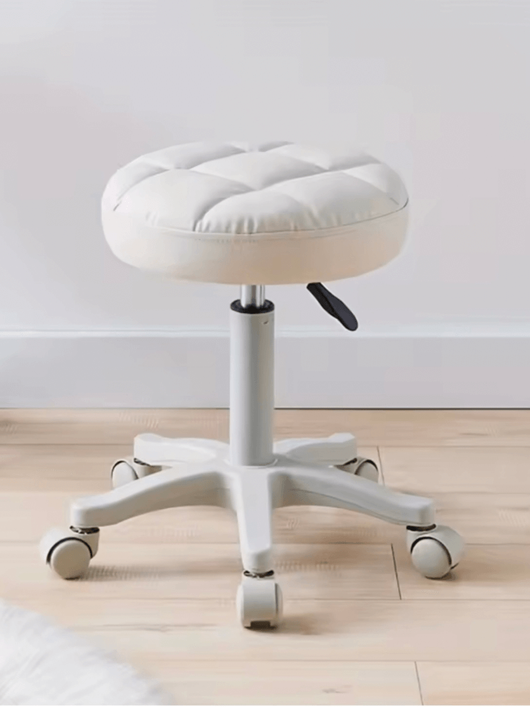 Small Chair Round Rolling Stool with Wheels Faux Leather Height Adjustable Swivel Drafting Work Salon Stool Home Office Chairs stools in white