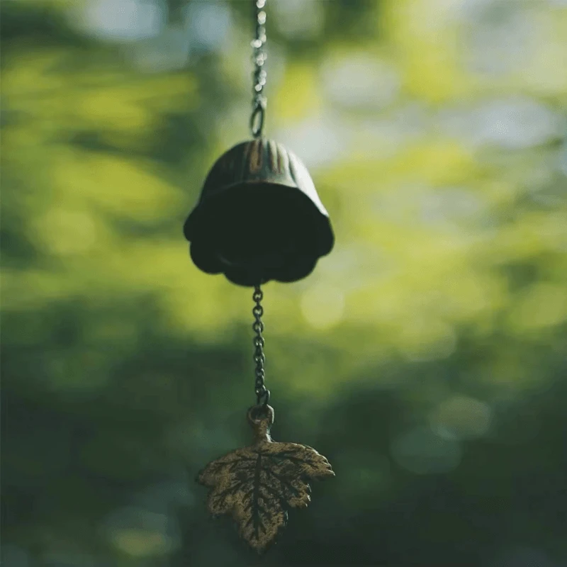 Japanese Landscape Traditional Lucky Small Wind Chimes Bell, Cast iron metal Bless Temple Wind Memorial and Sympathy Leaf Wind Bells in bronze color
