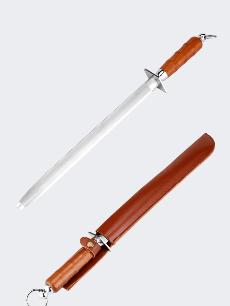 Kitchen Knives Carbon Steel Knife Sharpening Steel, Professional Knife Sharpener Rod, Honing Rod with Hanging Holes in silver color with natural brown wood handle