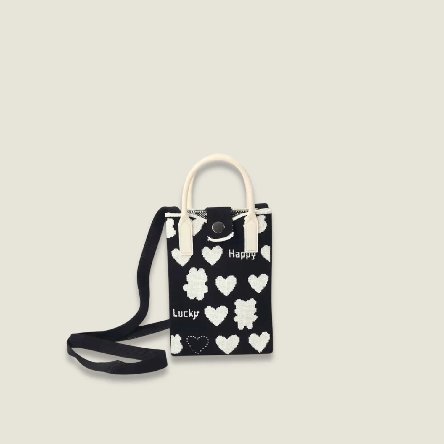 Retro High-End Fashion Kawaii Anime Style Exquisite HAPPY LUCKY Letter Bear Hearts Pattern Crossbody Satchel Bag, Durable and Wear-Resistant Knitted Fabric Can Be Used for a Long Time, Suitable for All Seasons, Can Be Used by Women and Men for Travel, Vacation, Holiday getaway Walking and Carrying cellphones Mobile Phones, Keys, Change and Other Small Items, Suitable for All Seasons Bags in black with white