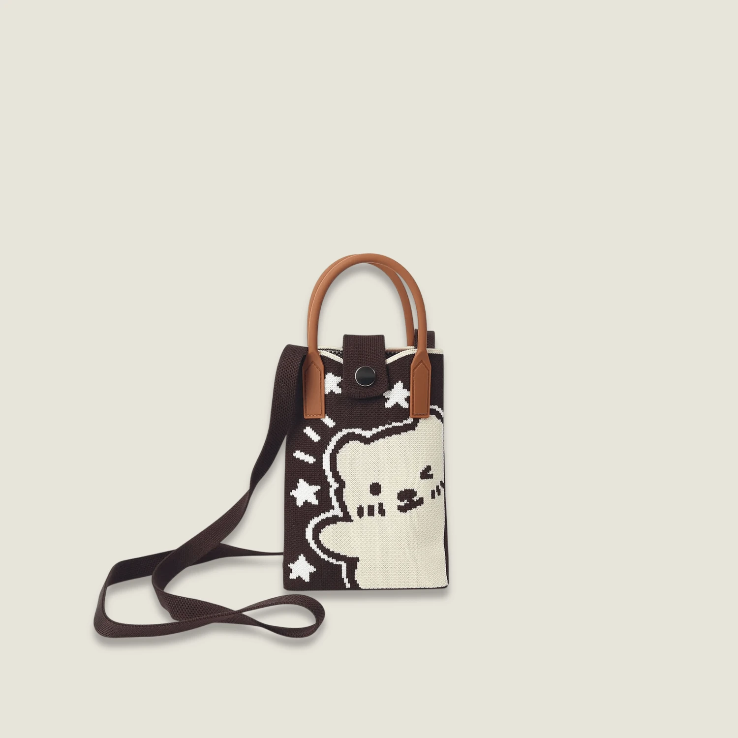 Retro High-End Fashion Kawaii Anime Style Exquisite Bear character Pattern Crossbody Satchel Bag, Durable and Wear-Resistant Knitted Fabric Can Be Used for a Long Time, Suitable for All Seasons, Can Be Used by Women and Men for Travel, Vacation, Holiday getaway Walking and Carrying cellphones Mobile Phones, Keys, Change and Other Small Items, Suitable for All Seasons Bags in brown with off-white cream, white