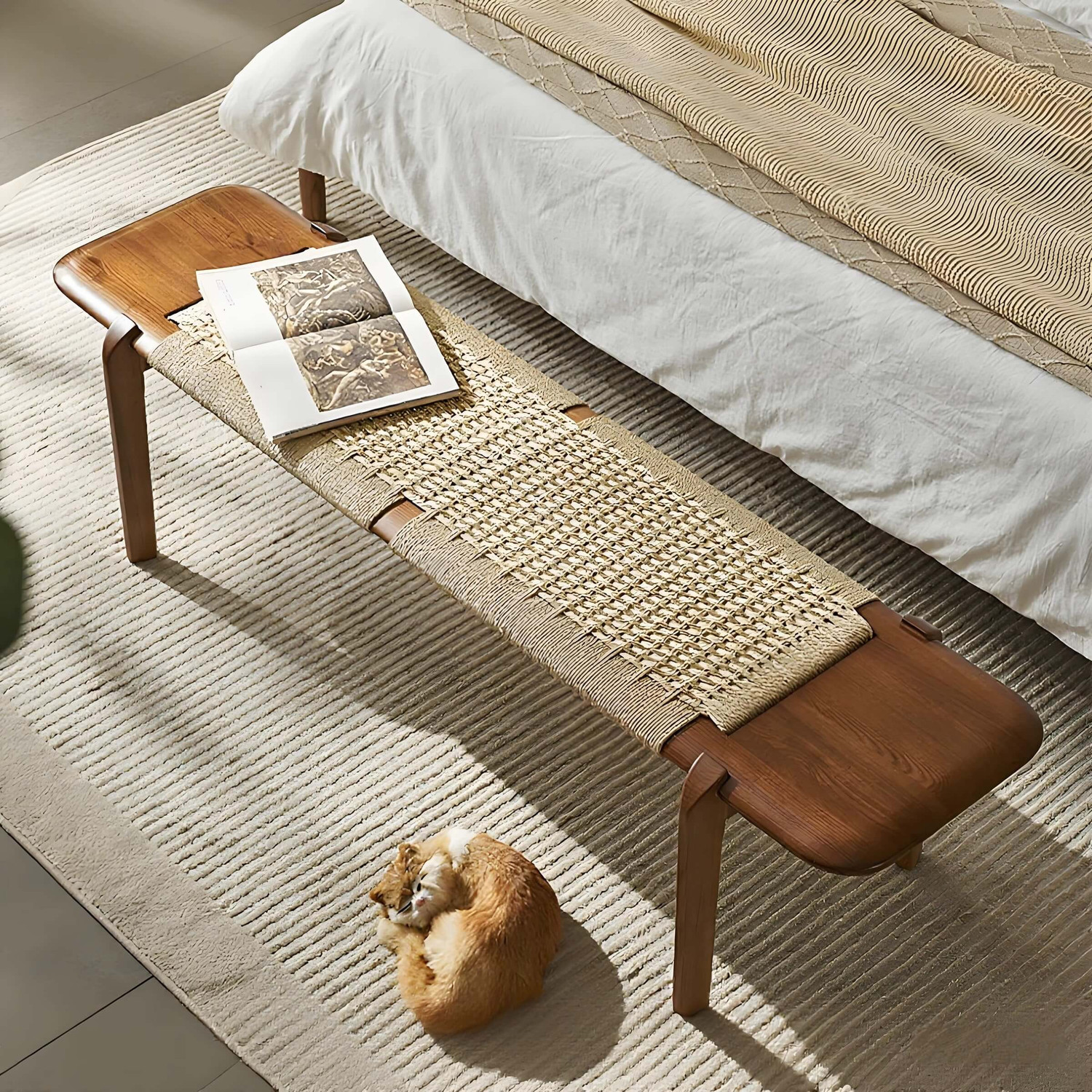 Home office Vintage Solid, Entryway Storage Shoe Stool, Stylish Bed End Seat, Living Dining Rope Woven Long Seating Wooden Bench In natural brown wood color furniture