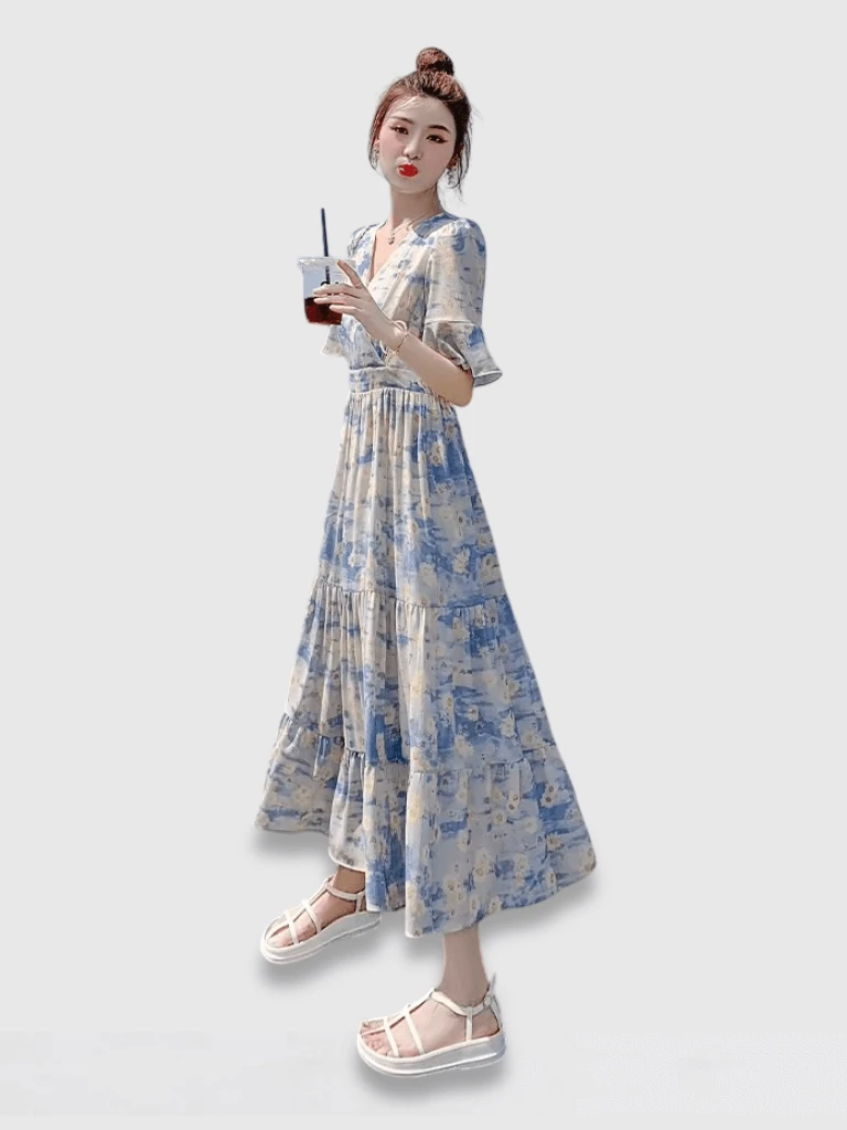 Women’s woman womens petite-, tall-, plus-, size Blue V-Neck Floral Print Chiffon Dress Slimming High Waist empire waistline Long Skirt Vintage Artistic Chinese Style short Butterfly sleeves Ankle-Length Spring Summer Holiday vacation getaway dresses