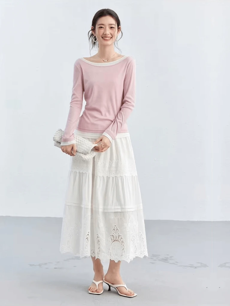 Women’s woman womens Bohemian Boho petite-, tall-, plus-, size Spring Summer Elegant Vacation holiday getaway Lace Trim Tiered Design Sense Casual Umbrella elasticated high rise waistline irregular hem A-Line ankle-length Midi Skirts in white