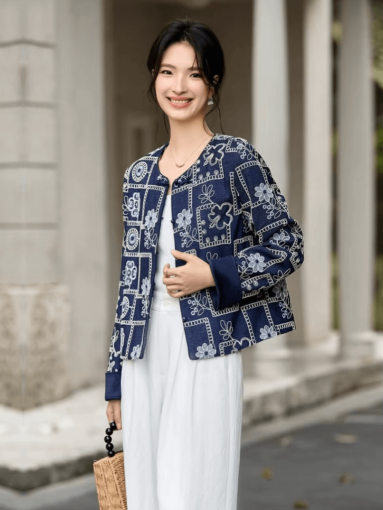 Women’s woman womens petite-, tall-, plus-, size dark navy blue Chinese Style Short cropped Spring Summer Crewneck Frog Button Floral flowers Embroidery long sleeves Coat Loose Daily Casual Cardigan China Jackets with white accent