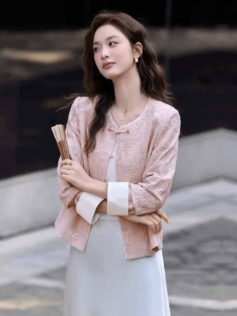 Women’s woman womens petite-, tall-, plus-, size pink Chinese Style Short cropped Spring Summer Crewneck Frog buckle Button Floral flowers Embroidery long sleeves Coat Loose Daily Casual Cardigan China Jackets