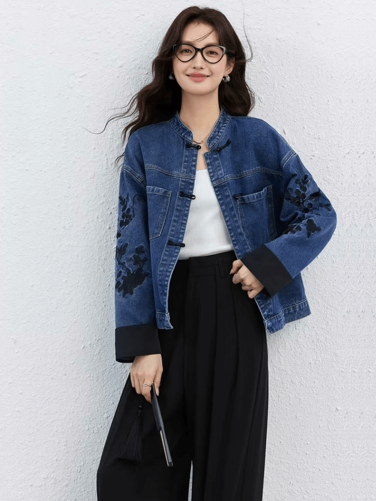 Women’s woman womens petite-, tall-, plus-, size dark navy blue Chinese-style Lady Spring Summer Fall Autumn Floral rose flowers Embroidery Long Sleeves Straight-cut Denim Jacket Outerwear Clothes