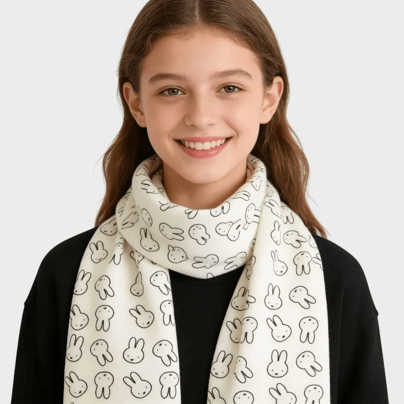 Women’s woman womens Men’s man mens Unisex Genflex Gender Neutral Genderfluid Japanese cartoon Rabbit character miffy Scarf Winter cold weather accessories Scarves accessory in white with black accent