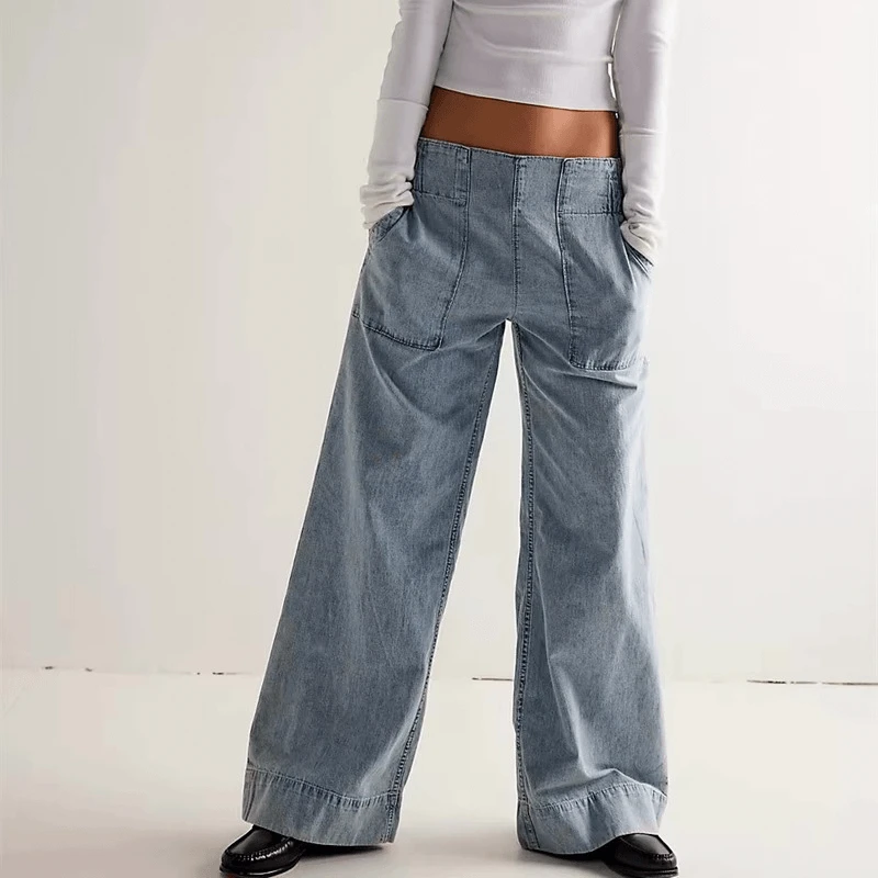 Women’s woman womens petite-, tall-, plus-, size Pull-On Pockets High rise Waist Button-fly Baggy Straight Leg Stretchy Full Length loose fit Trousers Y2K Streetwear Denim Jeans in light blue