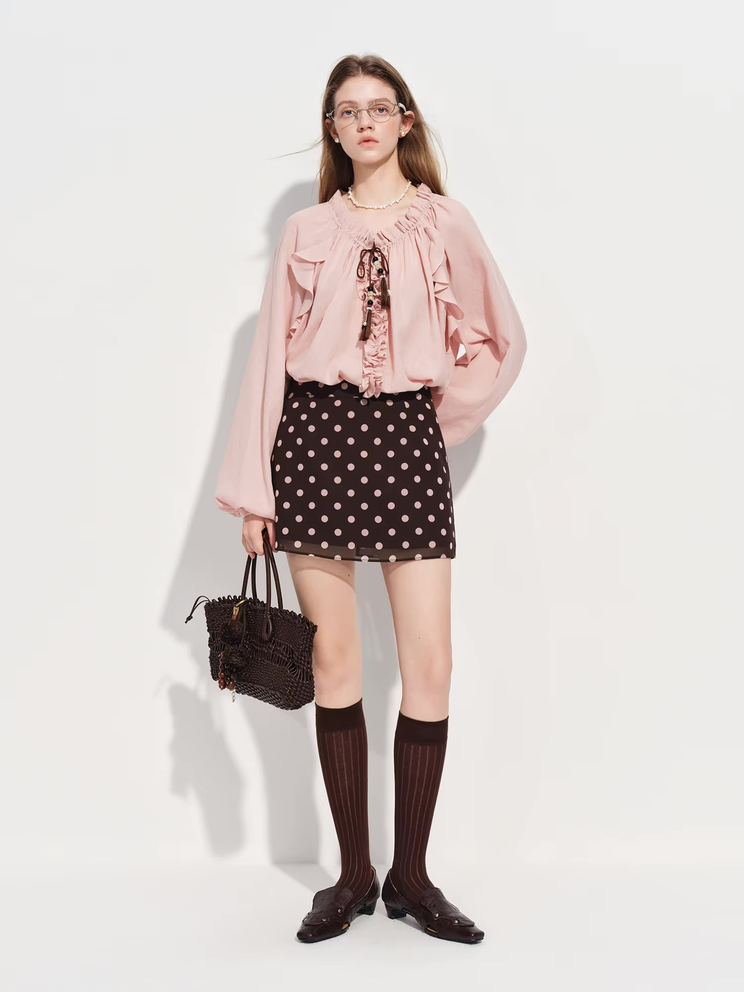 Women’s woman womens petite-, tall-, plus-, size High rise waist A-line Short Coquette Style, Flared Y2K Retro Party Polka Dot Mini Skirts Office commute wfh workwear clothing in brown with pink dots