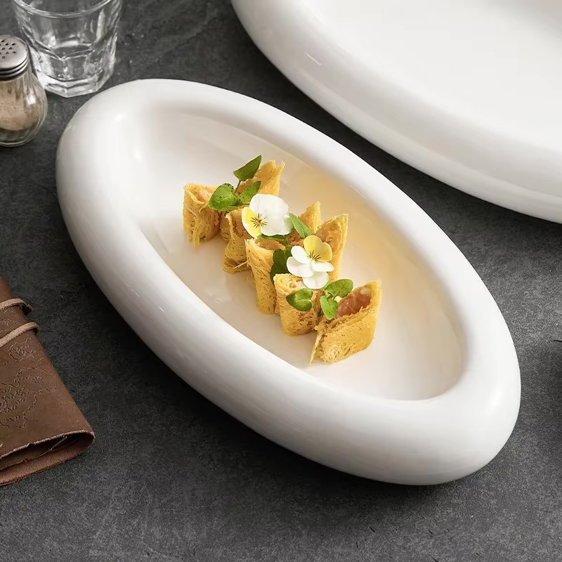 Oval Ceramic Plate Fish Plate Dessert Sushi Dish Serving Plates Double Layer Insulation Plates Molecular Cuisine Tableware