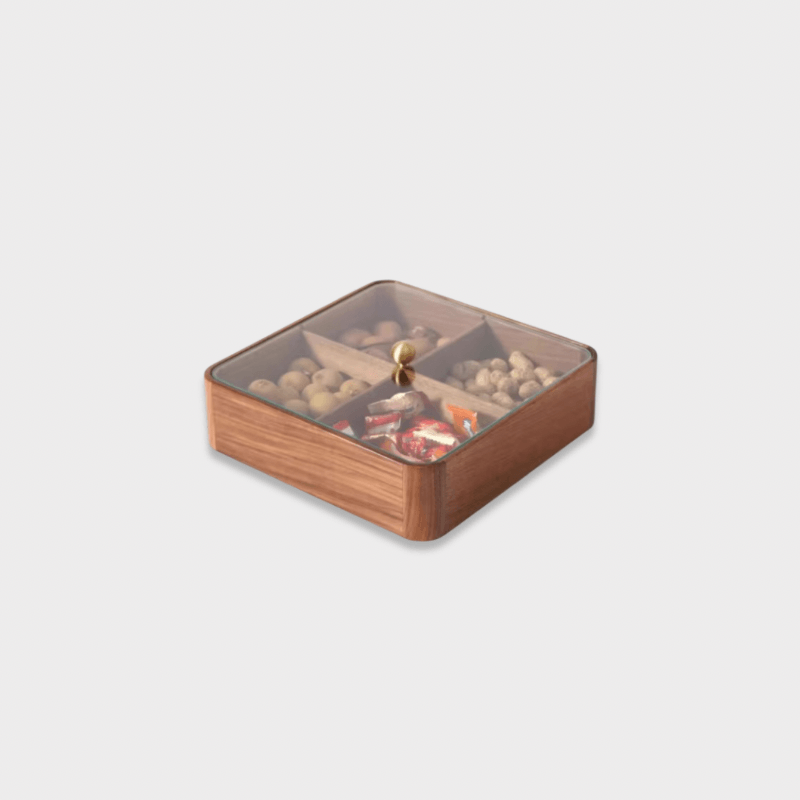 Square North American Black Walnut Fruit Living Room Coffee Table Home High-end Exquisite Lattice Solid Wood Fruits Bowl Box Decoration Cuisine Simple Dining Tableware Breakfast dessert Dinnerware Boxes Bowls in brown solid design with transparent clear glass framed lid