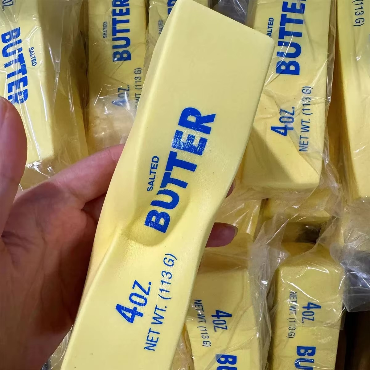 Anti-stress Sensory stress relief Squeezing Toy Realistic Butter Sticks Decompression Fidget Toys in yellow cream color with blue accent