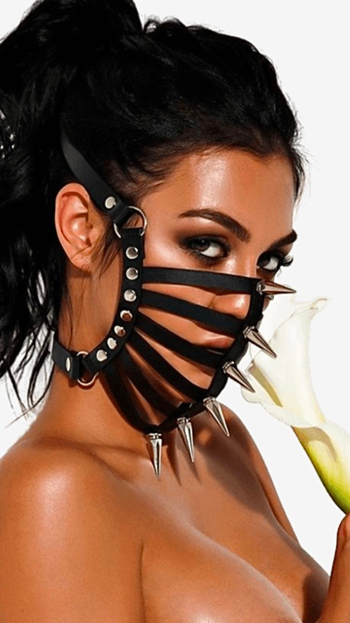 Womens Spikes Rivets Studded Mask Women BDSM Leather Fetish Adult Erotic Mask Halloween Cosplay Anime Party Face Masks Squid Game Woman Costume Accessories Trending