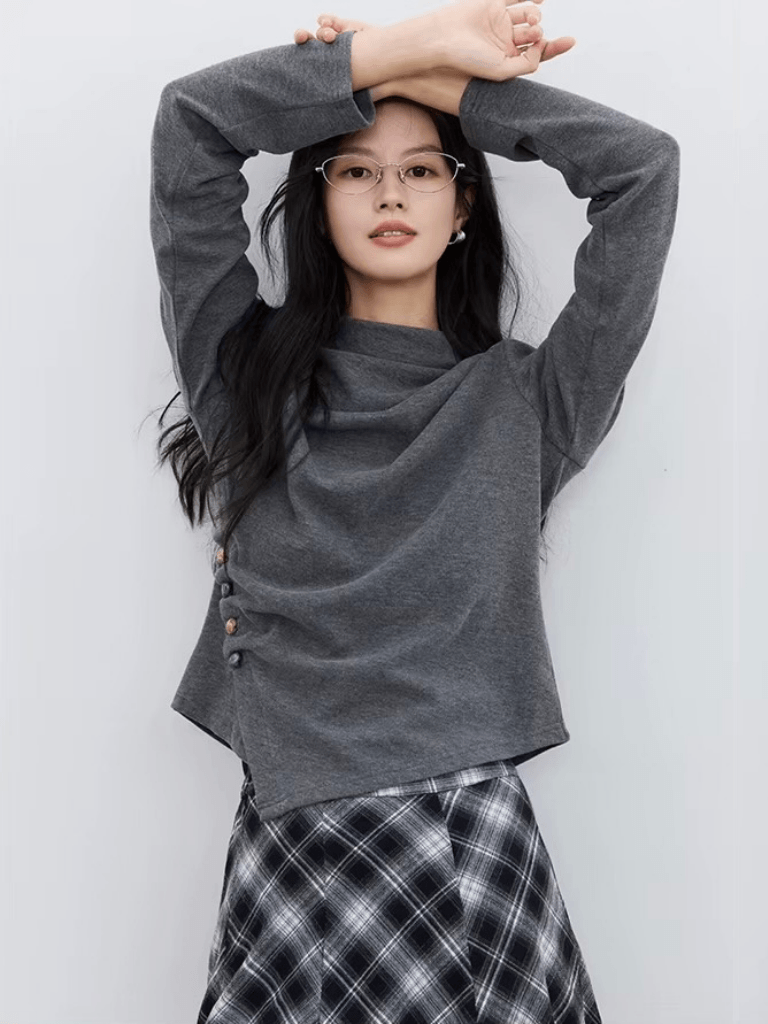 Women’s woman womens petite-, tall-, size Classic Viscose cotton-blend Thiened loose fit High Collar Beaded Base Long sleeves T-Shirt Spring summer Fall Autumn wfh office Commute workwear Simple Straight Tube Tops in Gray grey