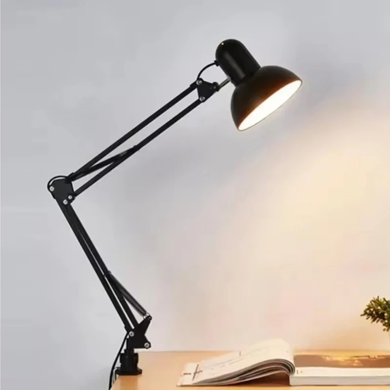 Office Home Retro foldable desk lamp clip on light, Telescopic eye protection Bedroom Computer Table Lamps Home Decor for E27 Bulb in black