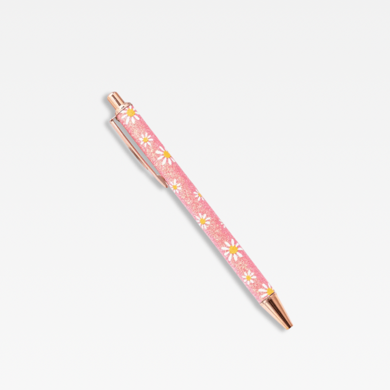 Office Home School kawaii cute writing Ballpoint Pen metal Stationery supply Pens in light pink color with white yellow daisies floral daisy flowers