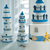 Indoor Outdoor Garden New England USA American Mediterranean Wooden Double Layered Lighthouse Figurine, Observation Tower Nautical Themed Mediterranean Style Rooms Home Tabletop Home Decor objects Gifts In blue with white multi color