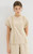 Women’s woman womens petite-, tall-, plus-, size Light Luxury High-Quality 100% pleats short sleeves crochet trim crewneck round O-neck crew neck pleated blouse tops blouses in apricot beige color