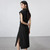 Women’s woman womens petite-, tall-, plus-, size Light Luxury High-Quality viscose-blend polo spread collar button-up short sleeves Mid-calf side slit hem elegant evening party wear ruched Midi dress Dresses in black