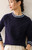 Women’s woman womens petite-, tall-, plus-, size Light Luxury High-Quality Australian wool long sleeves with rib band cuffs crewneck round o-neck crew neck ribbed cable knit sweater tops sweaters in dark blue color with light-blue accent