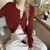Women’s woman womens petite-, tall-, plus-, size Light Luxury High-quality Elegant Winter commute wfh office workwear evening party crewneck neck collar button close woolen-blend short cropped cardigan sweater cardigans in burgundy wine-red
