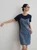 Women’s woman womens petite-, tall-, plus-, size Light Luxury High-quality Elegant Pleats pleated holiday vacation getaway evening party club wfh office commute work wear round o-neck Commute loose short-sleeves crewneck Patchwork Denim Mini Dress Fashion workwear mini dresses in blue with light blue accent color