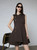 Women’s woman womens petite-, tall-, plus-, size Light Luxury High-quality Elegant cotton-blend holiday vacation getaway evening party club, loose knit sleeveless pleated patch pocket at chest slash irregular asymmetrical angle turn-down collar v-neck button-up close denim mini dress Fashion Dresses in dark chocolate brown