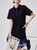 Women’s woman womens petite-, tall-, plus-, size Light Luxury High-quality Elegant cotton-blend holiday vacation getaway evening party club, loose knit short sleeves turn-down polo collar, v-neck, mesh ruffles pleated pleats trim hem, DJ nightclub vibe casual midi dress Fashion Dresses in black with light sky blue